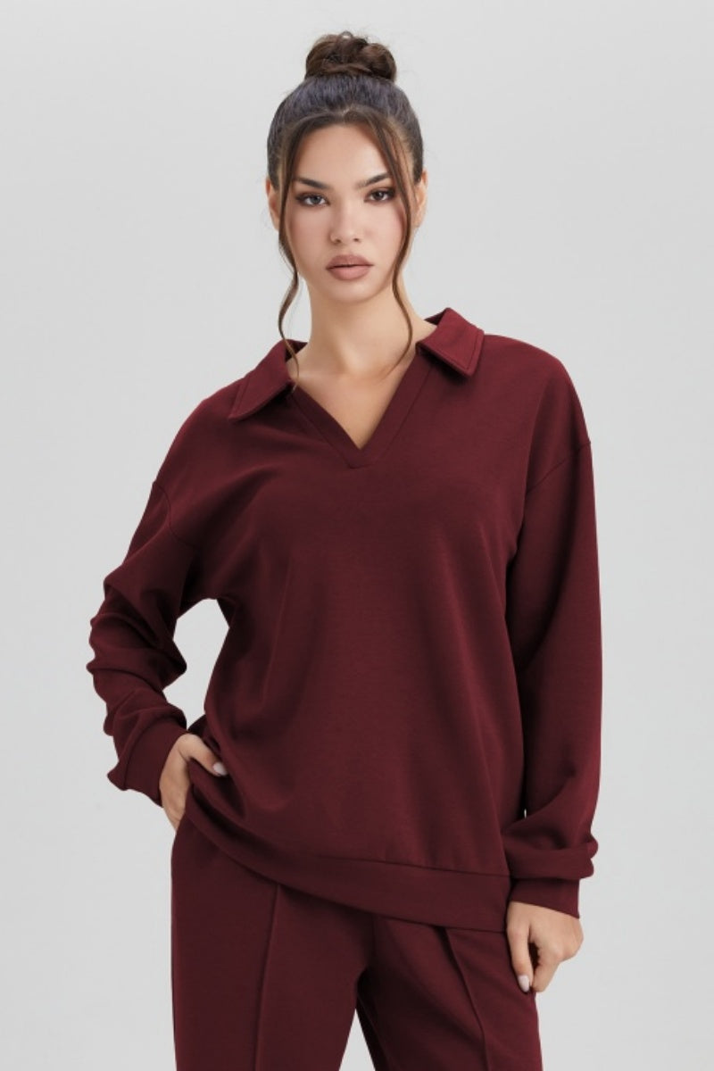 KATCH ME Womens Solid Color Split Neck Loose Sweatshirt