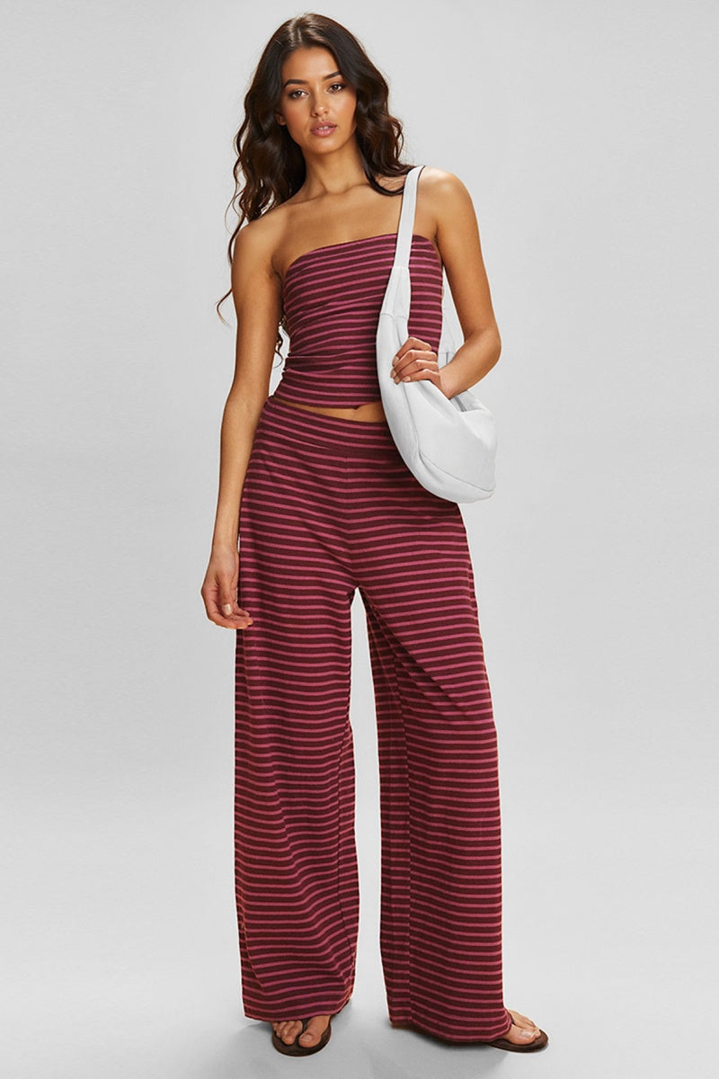 KATCH ME Womens Stripe Tube Top Low Rise Wide Leg Trousers Set