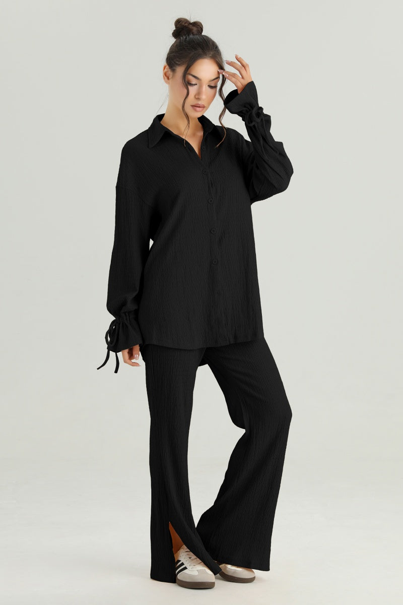 KATCH ME Womens Collared Button Shirt Wide Leg Trousers Set