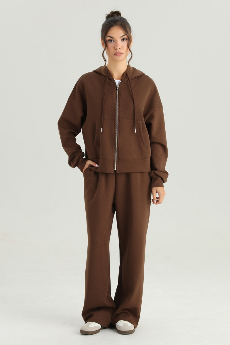 KATCH ME Womens Hooded Zipper Hoodie and Wide Leg Pants Set