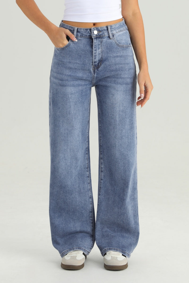 KATCH ME Womens High Waist Adjustable Button Wide Leg Jeans