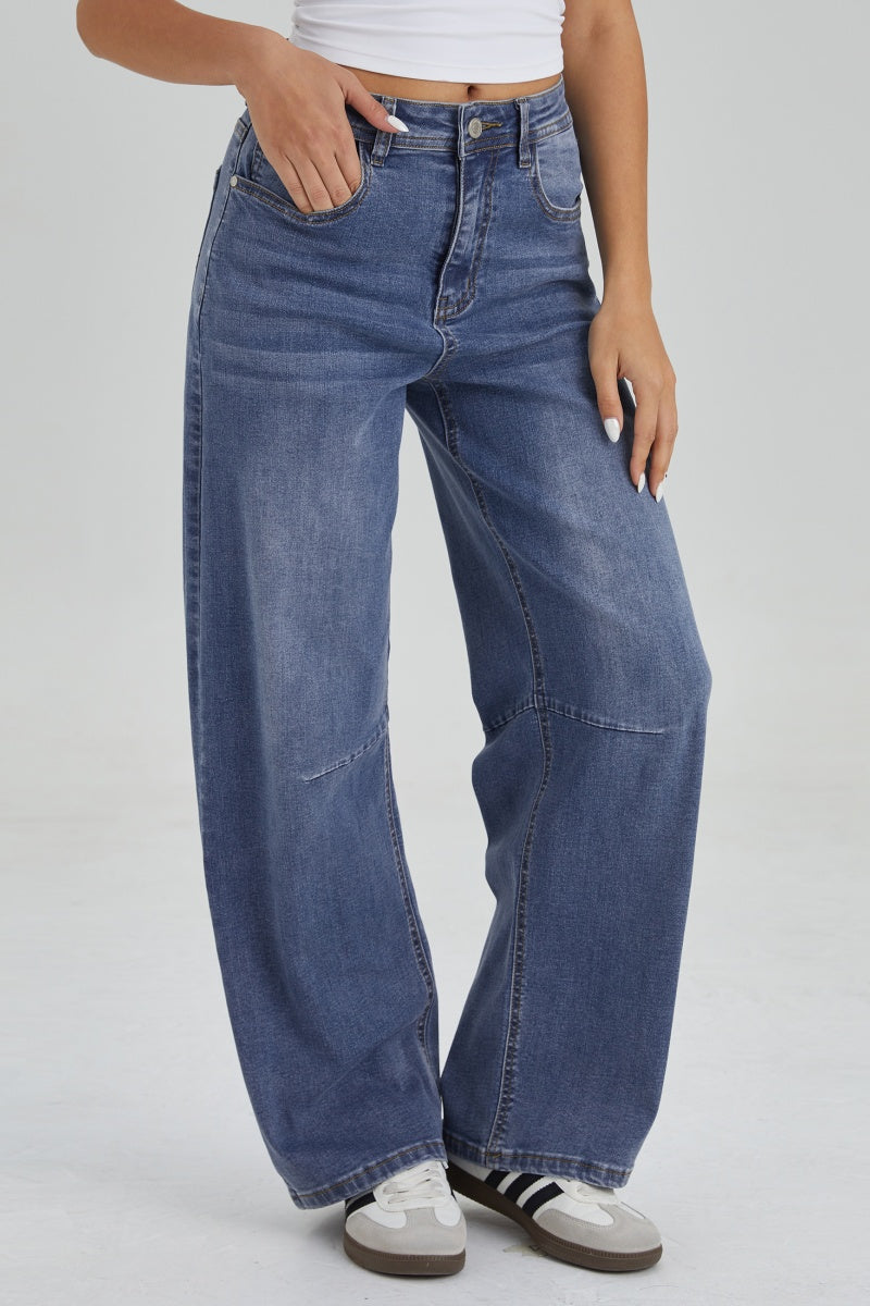 KATCH ME Womens Mid Rise Dart Seam Wide Leg Jeans