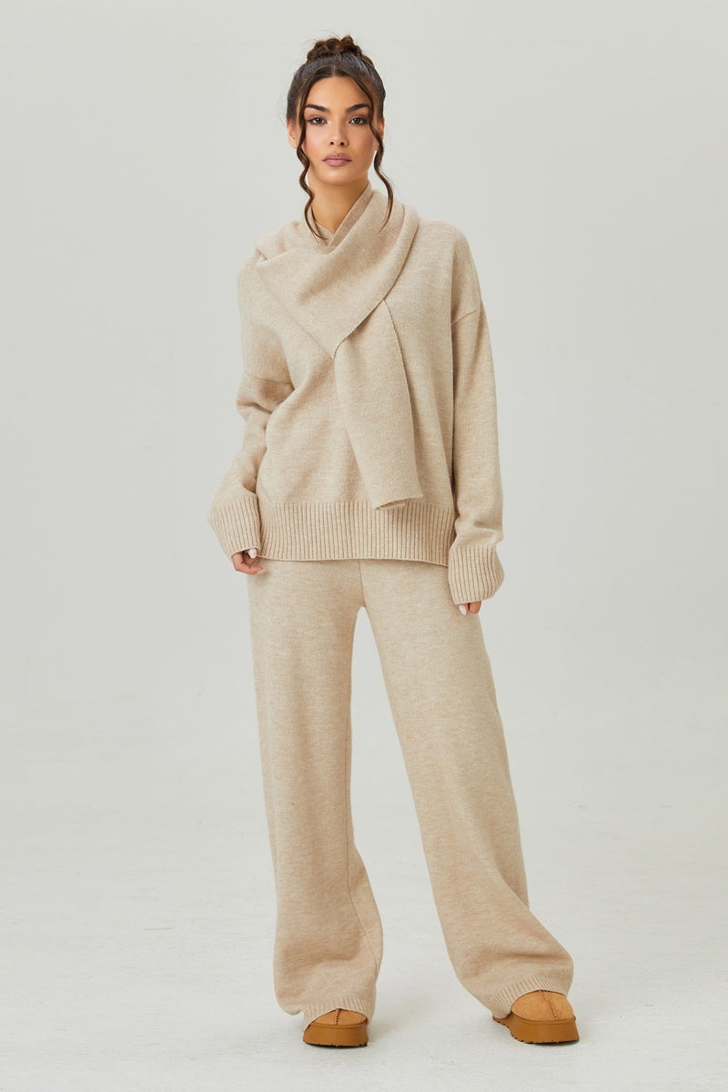 KATCH ME Womens V Neck Sweater with Scarf Wide Leg Co-ord Set