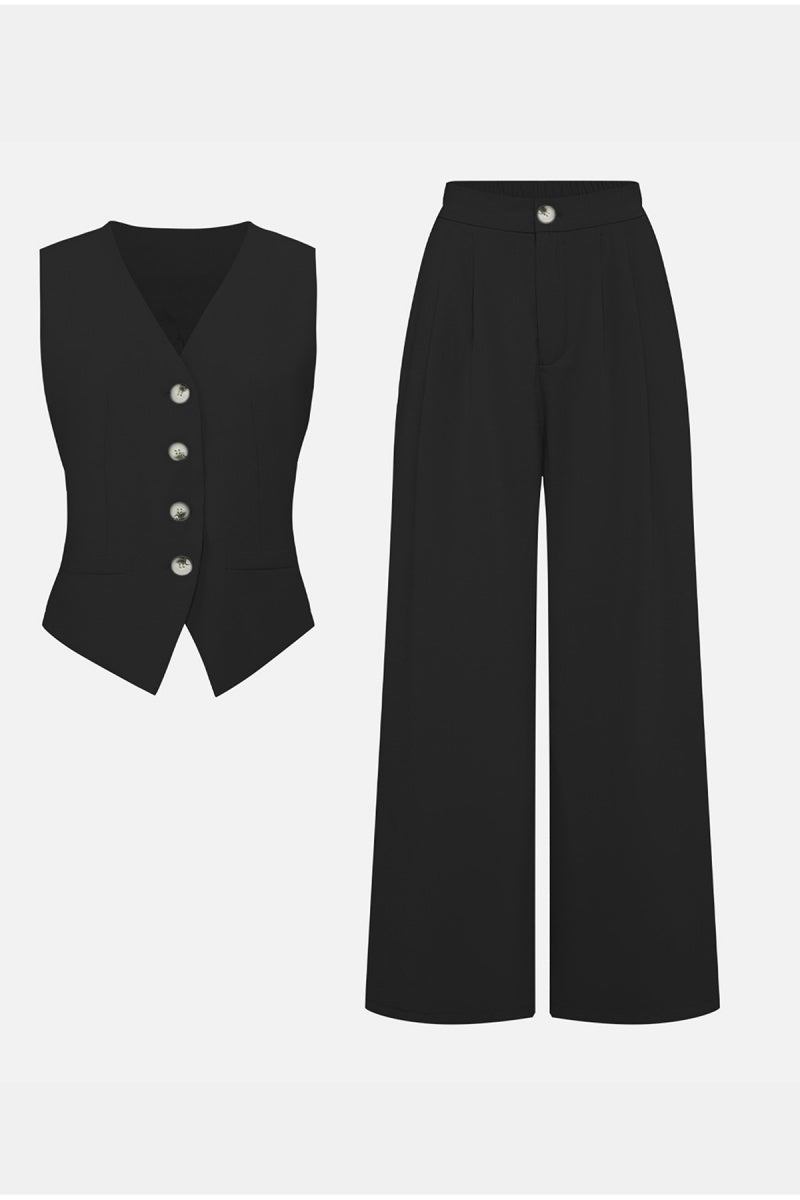 KATCH ME Womens V Neck Button Tank Top High Waist Trousers Set