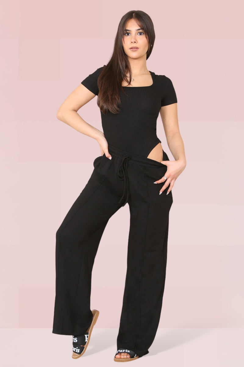 KATCH ME Womens Square Neck Bodysuit Wide Leg Trousers Set