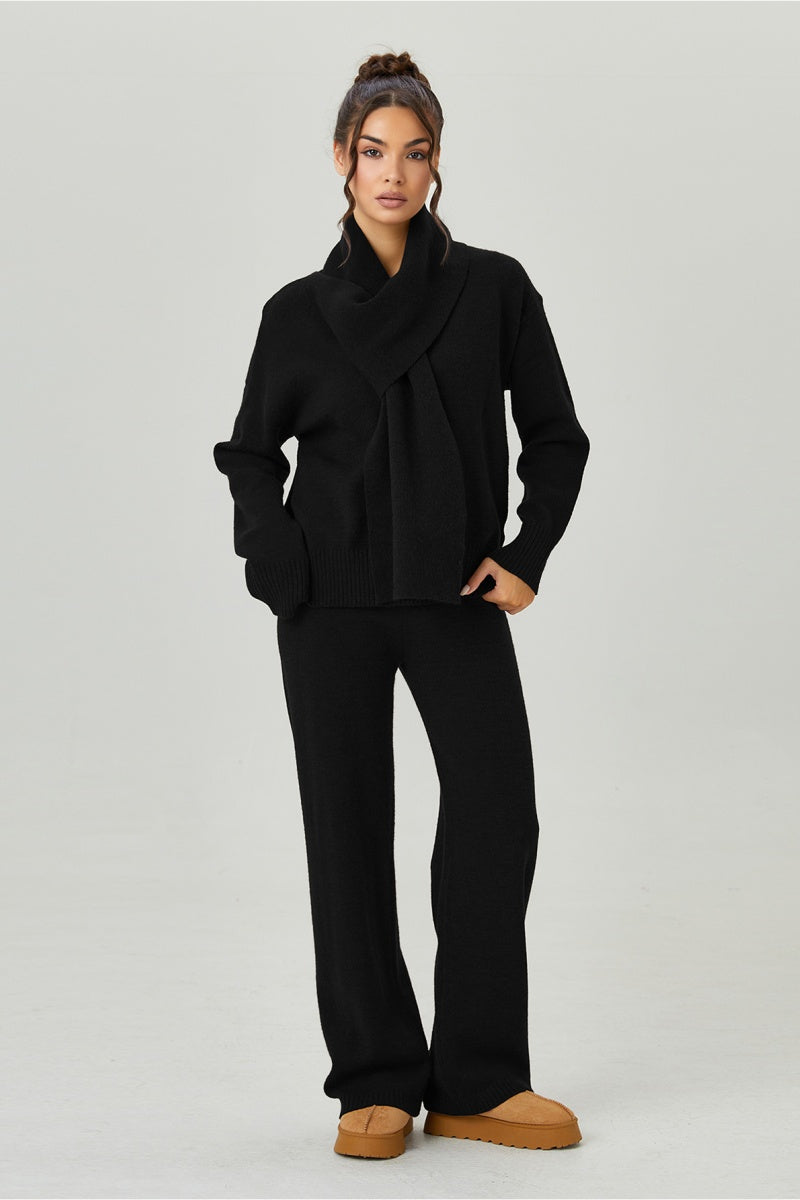 KATCH ME Womens V Neck Sweater with Scarf Wide Leg Co-ord Set