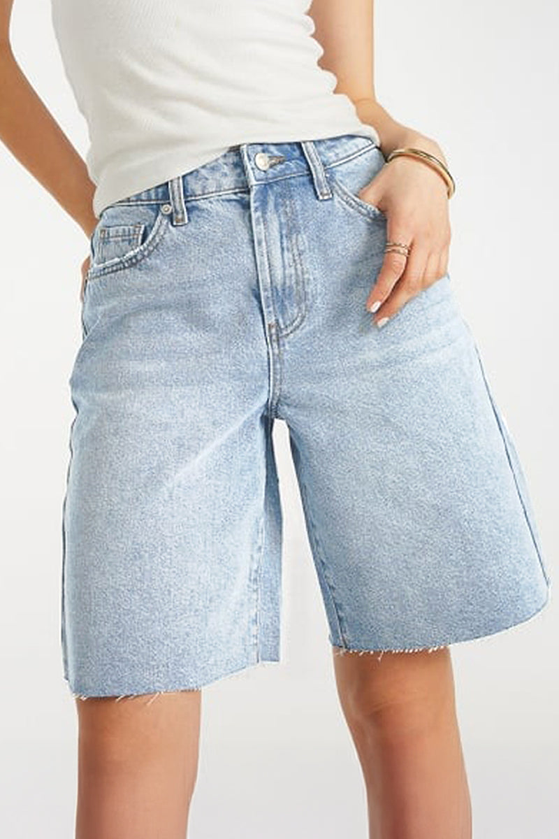 KATCH ME Womens Classy Mid Rise Tassel Hem Baggy Denim Shorts