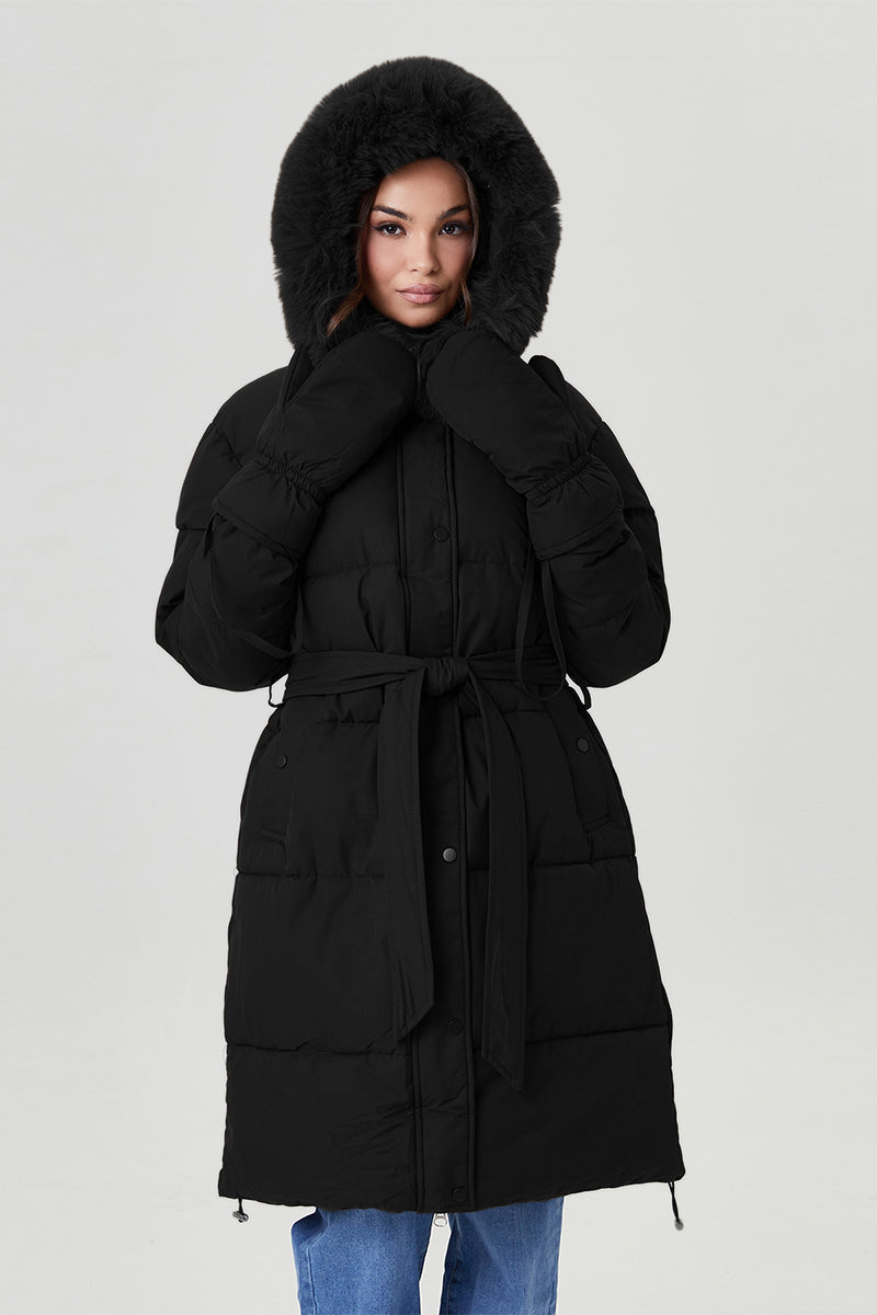 KATCH ME Womens Winter Fluffy Hooded Tie Waist Long Outerwear