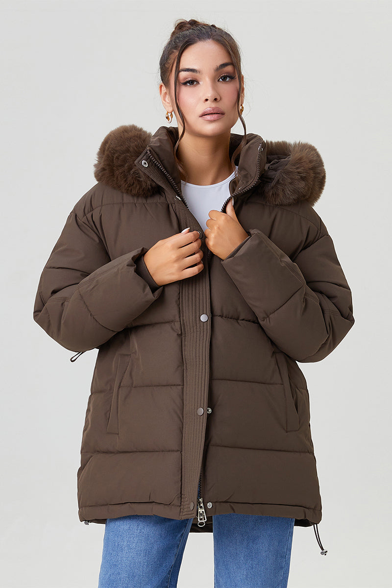 KATCH ME Womens Fluffy Hooded Zip Up Belted Mid Length Cotton Coat