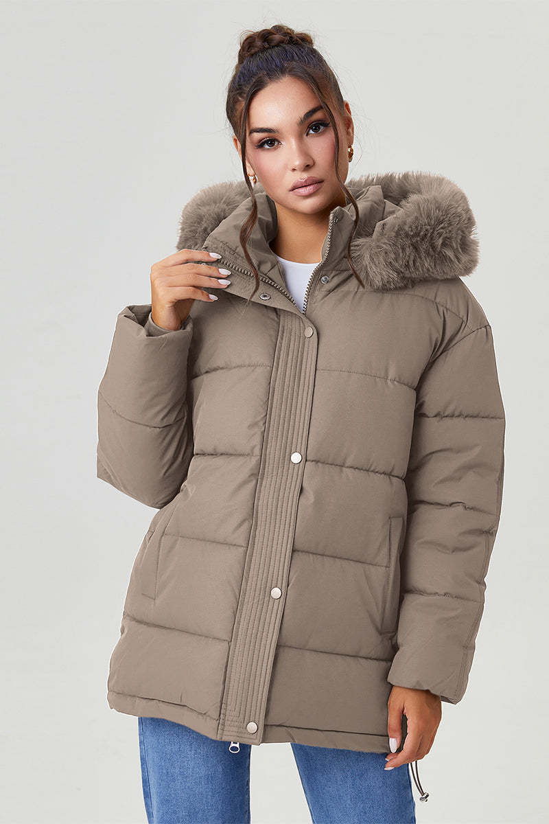KATCH ME Womens Fluffy Hooded Zip Up Belted Mid Length Cotton Coat