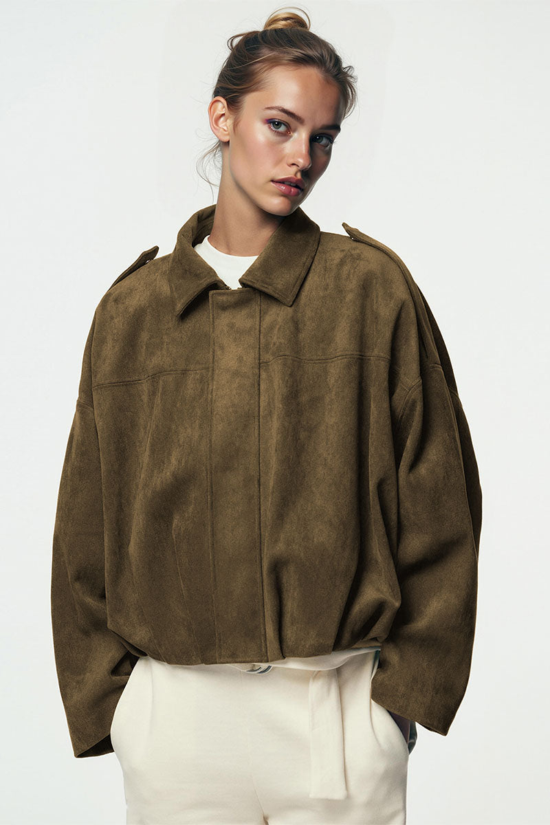 KATCH ME Womens Vintage Oversized Suede Cropped Bomber Jacket