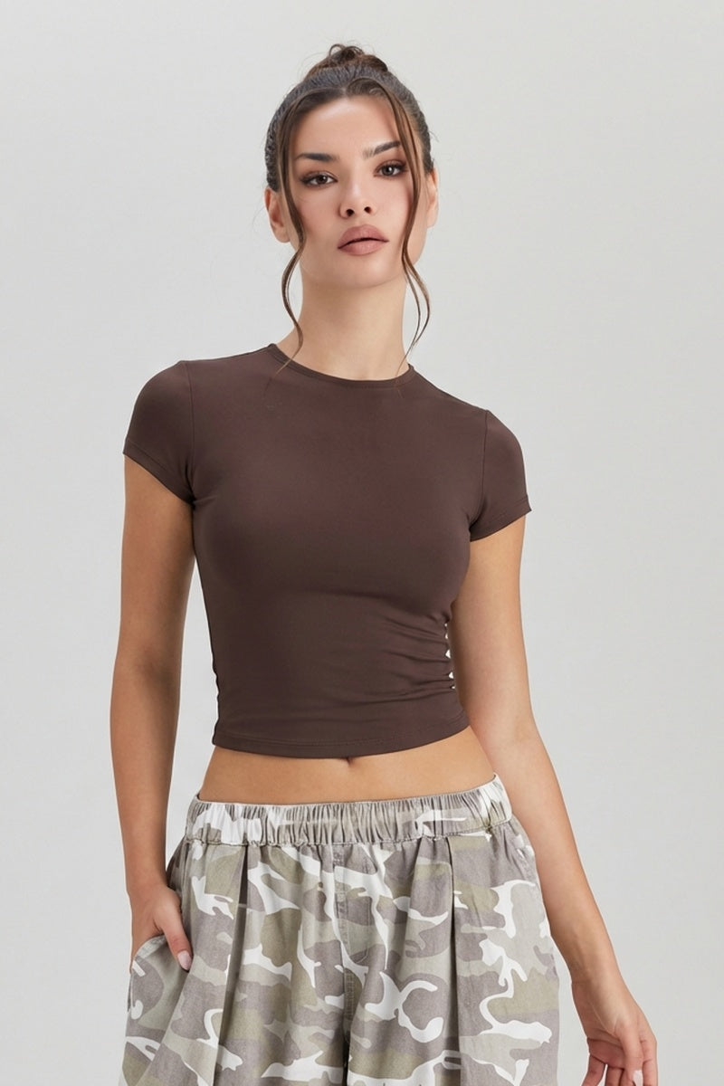 KATCH ME Womens Round Neck Short Sleeve Slim Brushed Yoga Sports Top