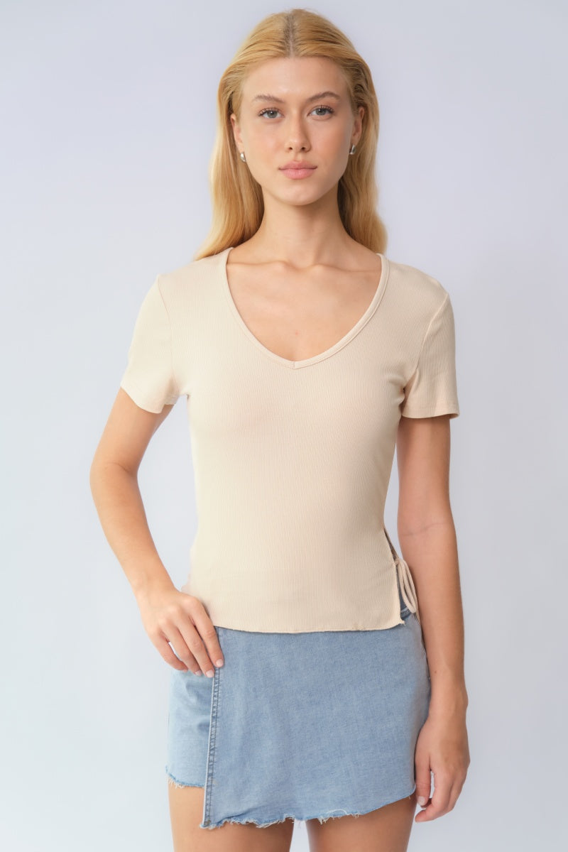 KATCH ME Womens V Neck Side Drawstring Slim Ribbed Short Sleeve Top