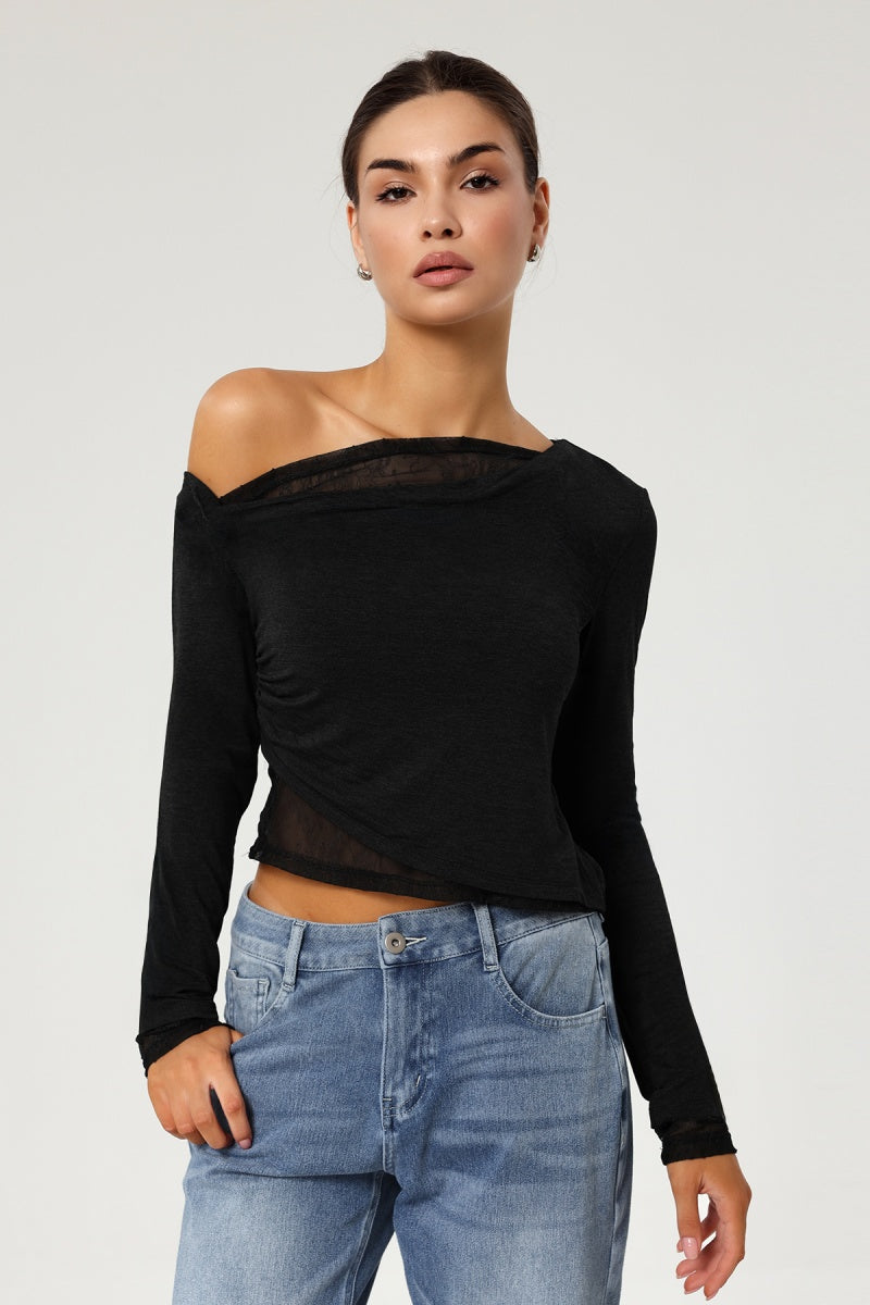 KATCH ME Womens Sloping Shoulder Semi Sheer Lace Slim Fit Top
