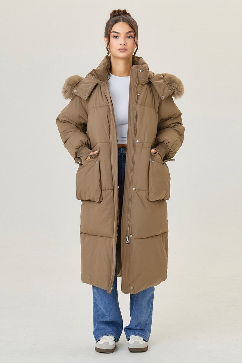 KATCH ME Womens Fluffy Hooded Flap Pocket Zip Thick Winter Coat