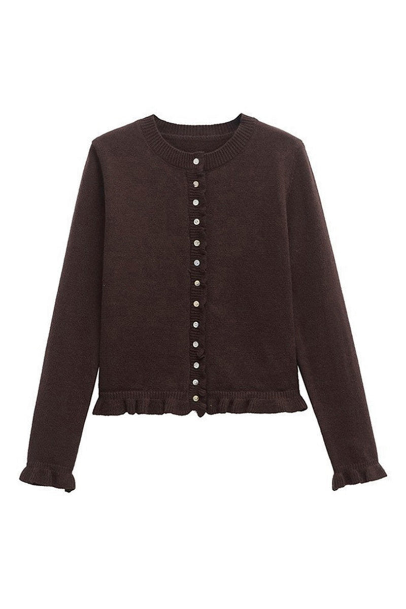 KATCH ME Womens Knit Lettuce Trim Button Up Cardigan