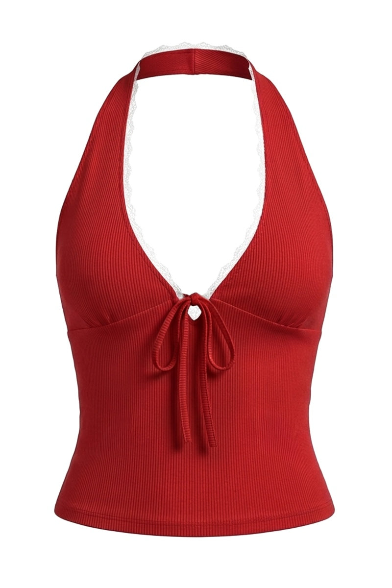 KATCH ME Womens Lace Trim Front Tie Halter Crop Top