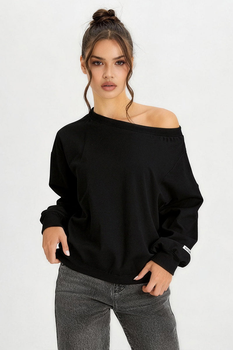 KATCH ME Womens Sloping Shoulder Loose Long Sleeve Top