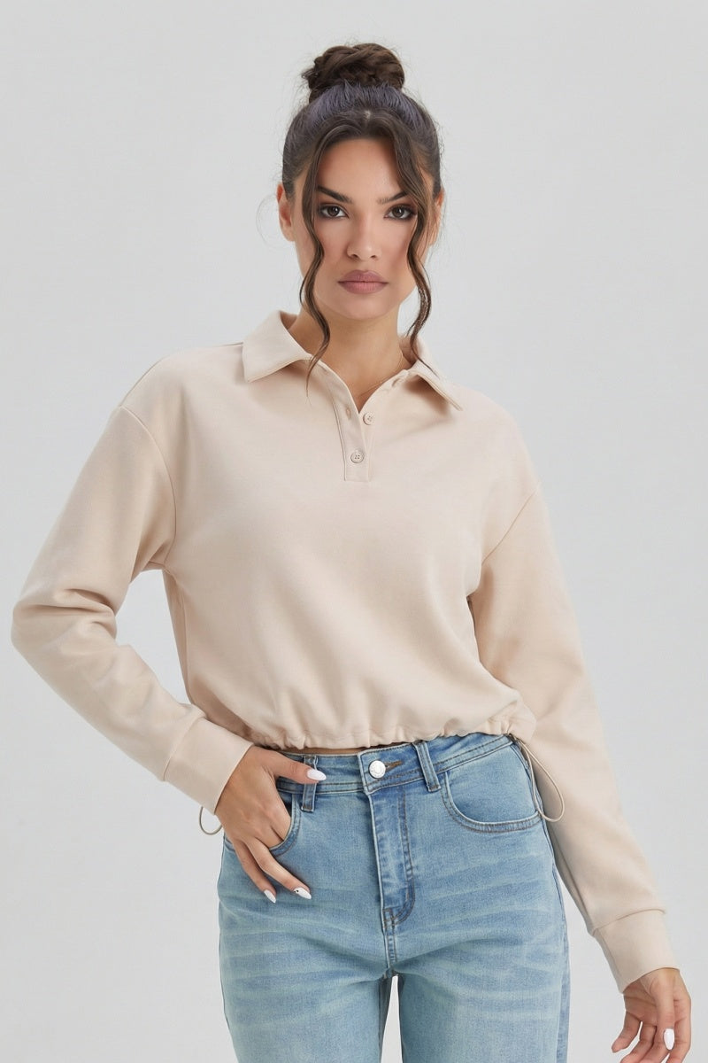 KATCH ME Womens Partial Button Drawstring Long Sleeve Crop Top