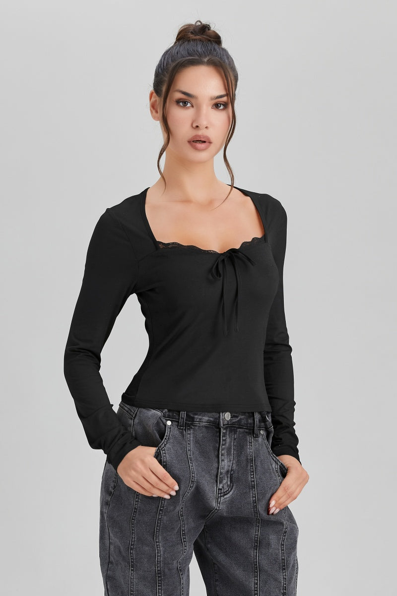 KATCH ME Womens Lace Trim Front Tie Long Sleeve Slim Top
