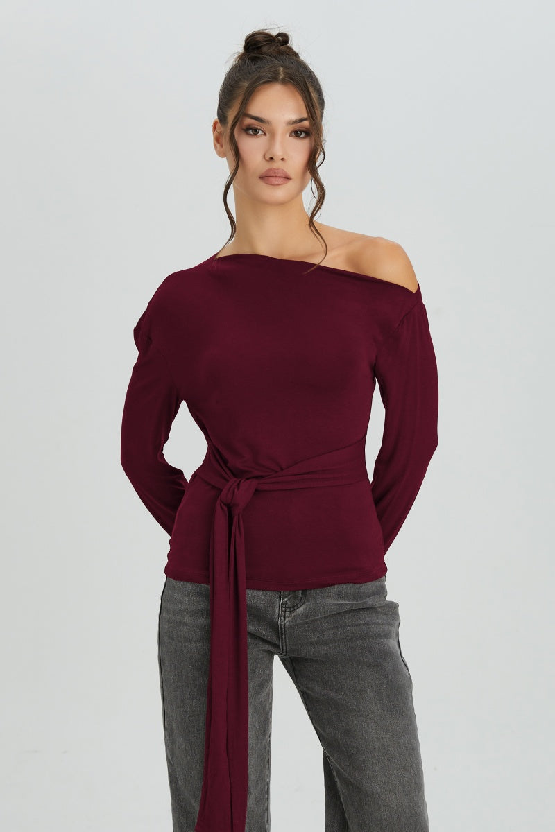 KATCH ME Womens Sloping Shoulder Waist Tie Long Sleeve Top