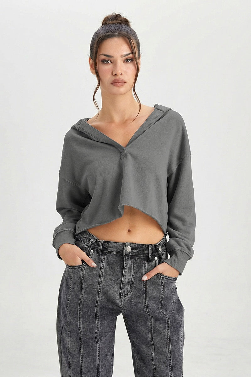 KATCH ME Womens V Neck Crop Hoodie Vintage Long Sleeve Top