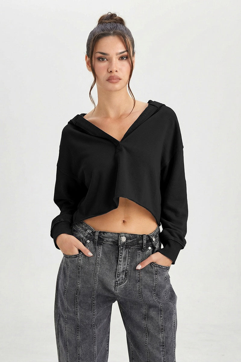 KATCH ME Womens V Neck Crop Hoodie Vintage Long Sleeve Top