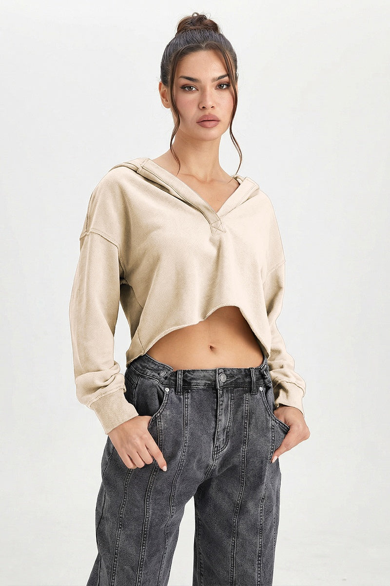 KATCH ME Womens V Neck Crop Hoodie Vintage Long Sleeve Top