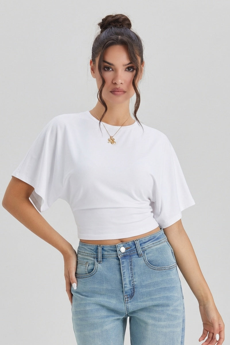 KATCH ME Womens Batwing Sleeve Cinched Waist Crop Top