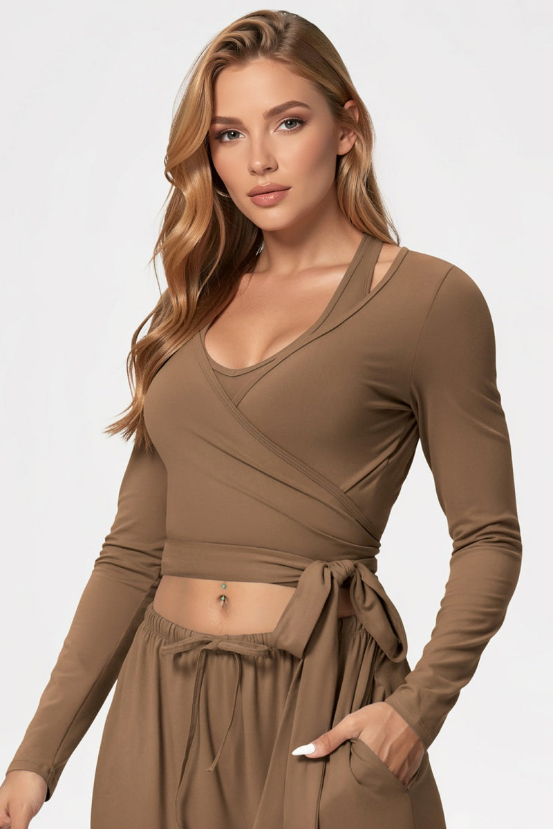 KATCH ME Womens Criss Cross Tie Up Long Sleeve Crop Top