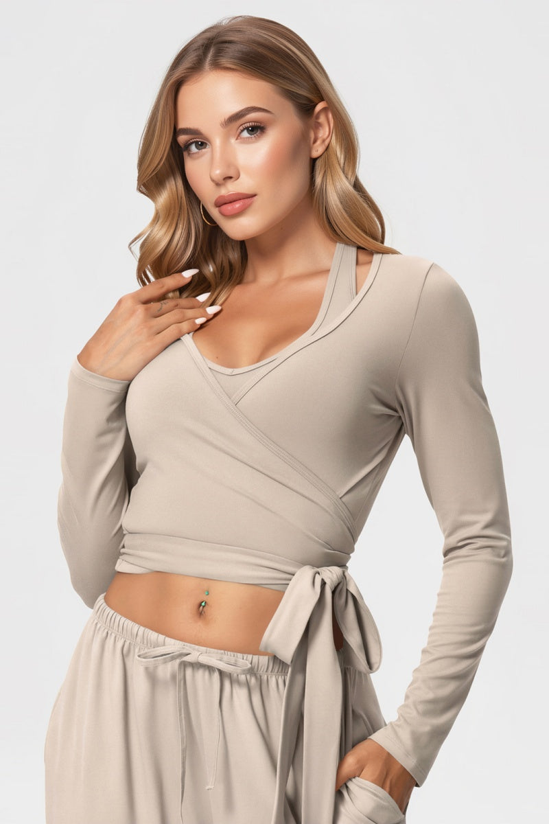 KATCH ME Womens Criss Cross Tie Up Long Sleeve Crop Top