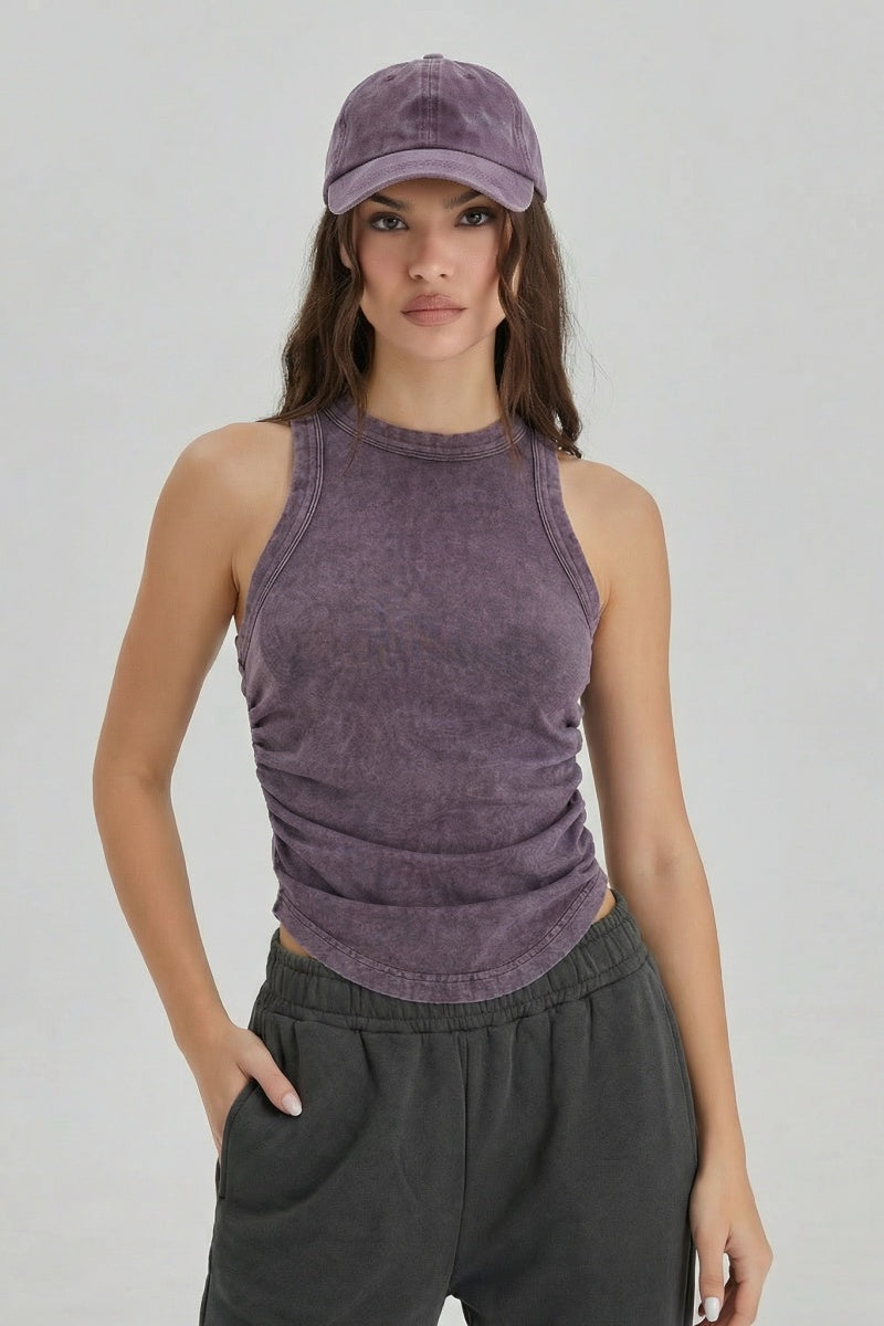 KATCH ME Womens Vintage Washed Side Pleated Tank Top