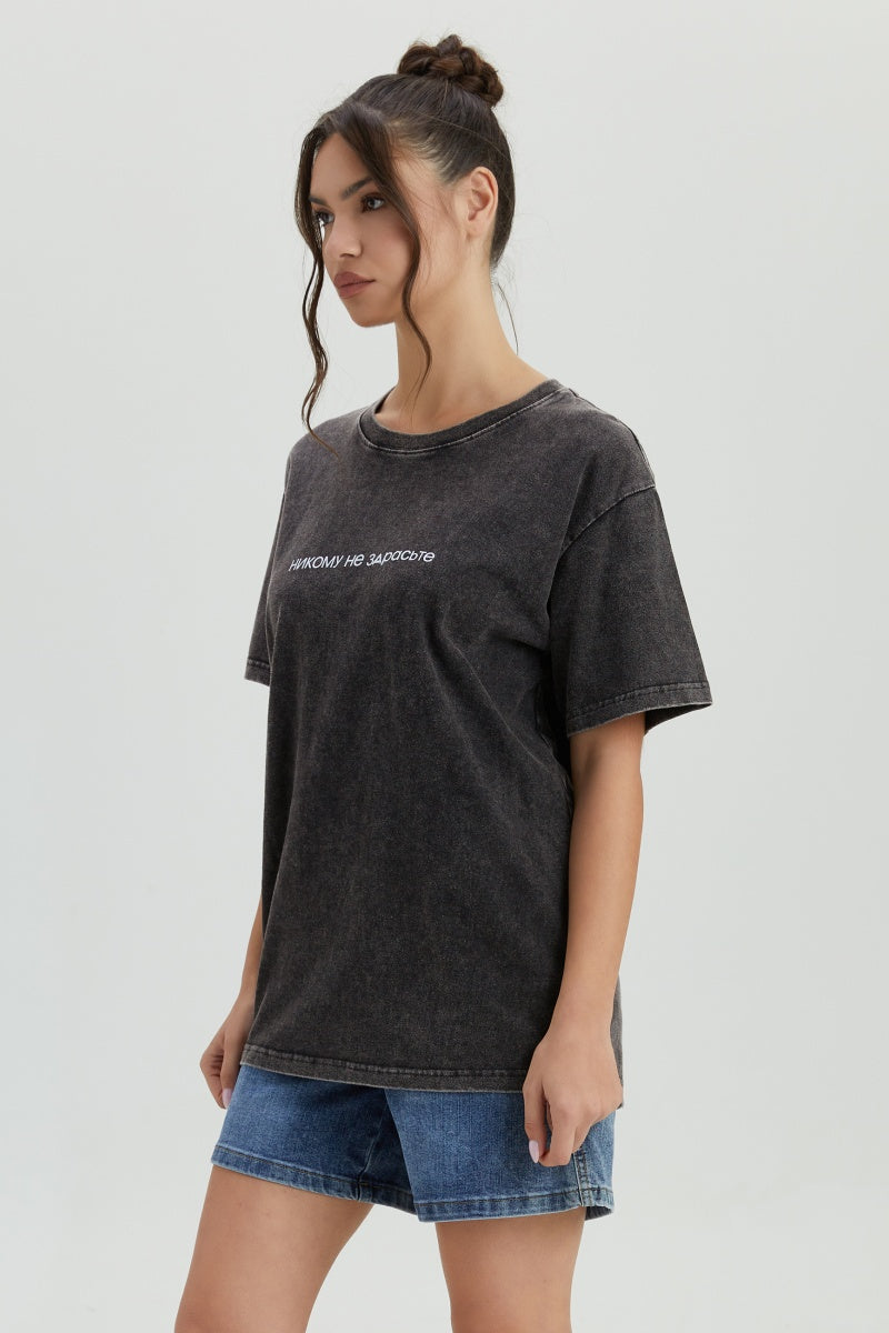 KATCH ME Womens Vintage Wash Letter Print T Shirt Top