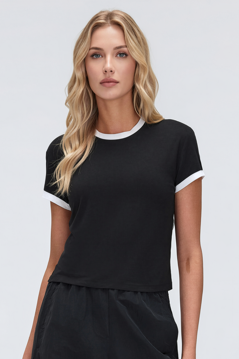 KATCH ME Womens Contrast Crew Neck Contrast Cuff T Shirt