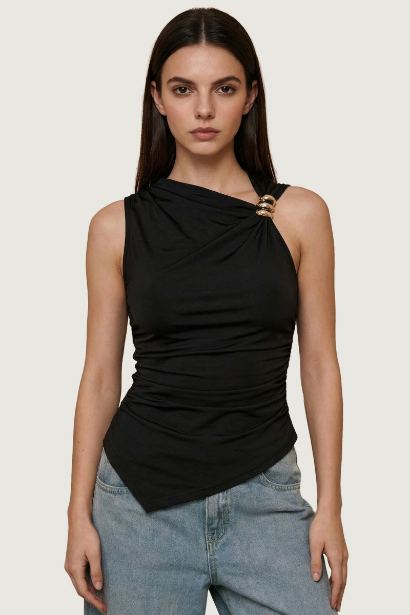 KATCH ME Womens Asymmetric Hardware Trim Sleeveless Top