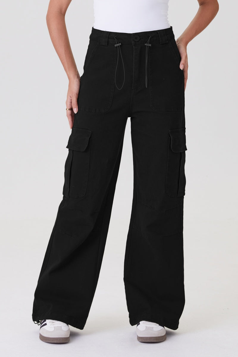 KATCH ME Womens Mid Rise Toggle Waist Wide Leg Cargo Pants