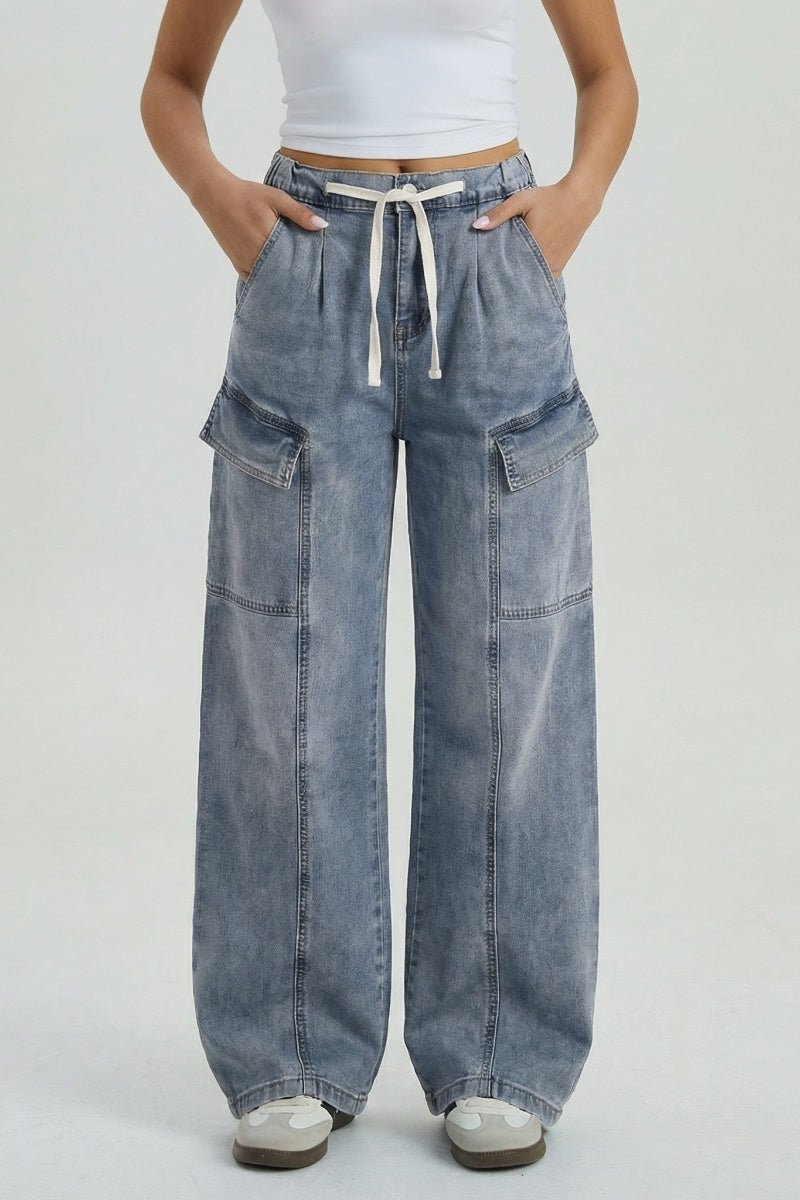 KATCH ME Womens Mid Rise Drawstring Wide Leg Cargo Jeans