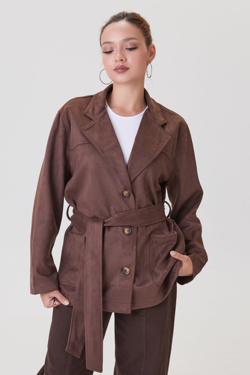 KATCH ME Womens Notch Lapel Suede Jacket with Waist Tie