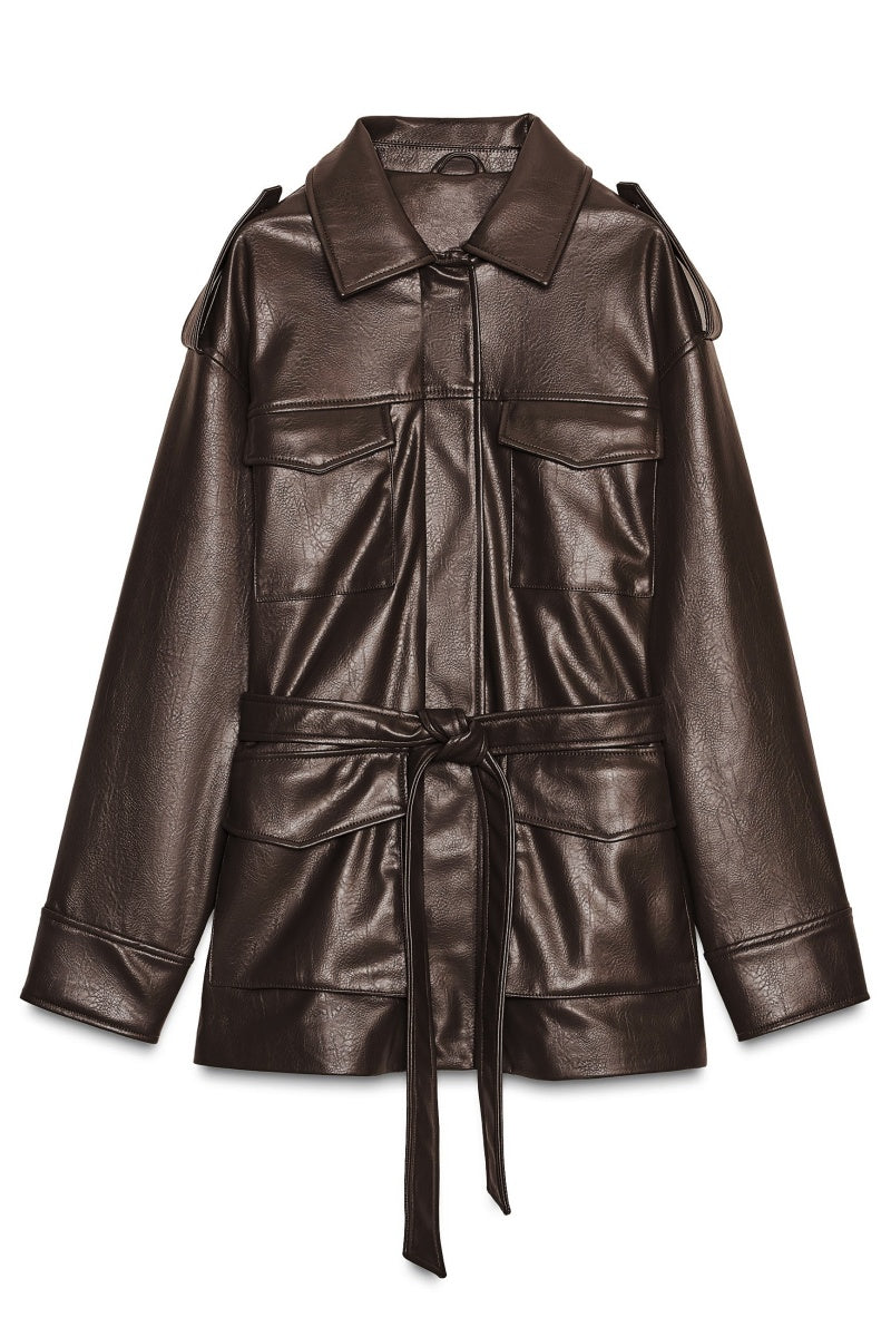KATCH ME Womens Removable Belt Faux Leather Jacket