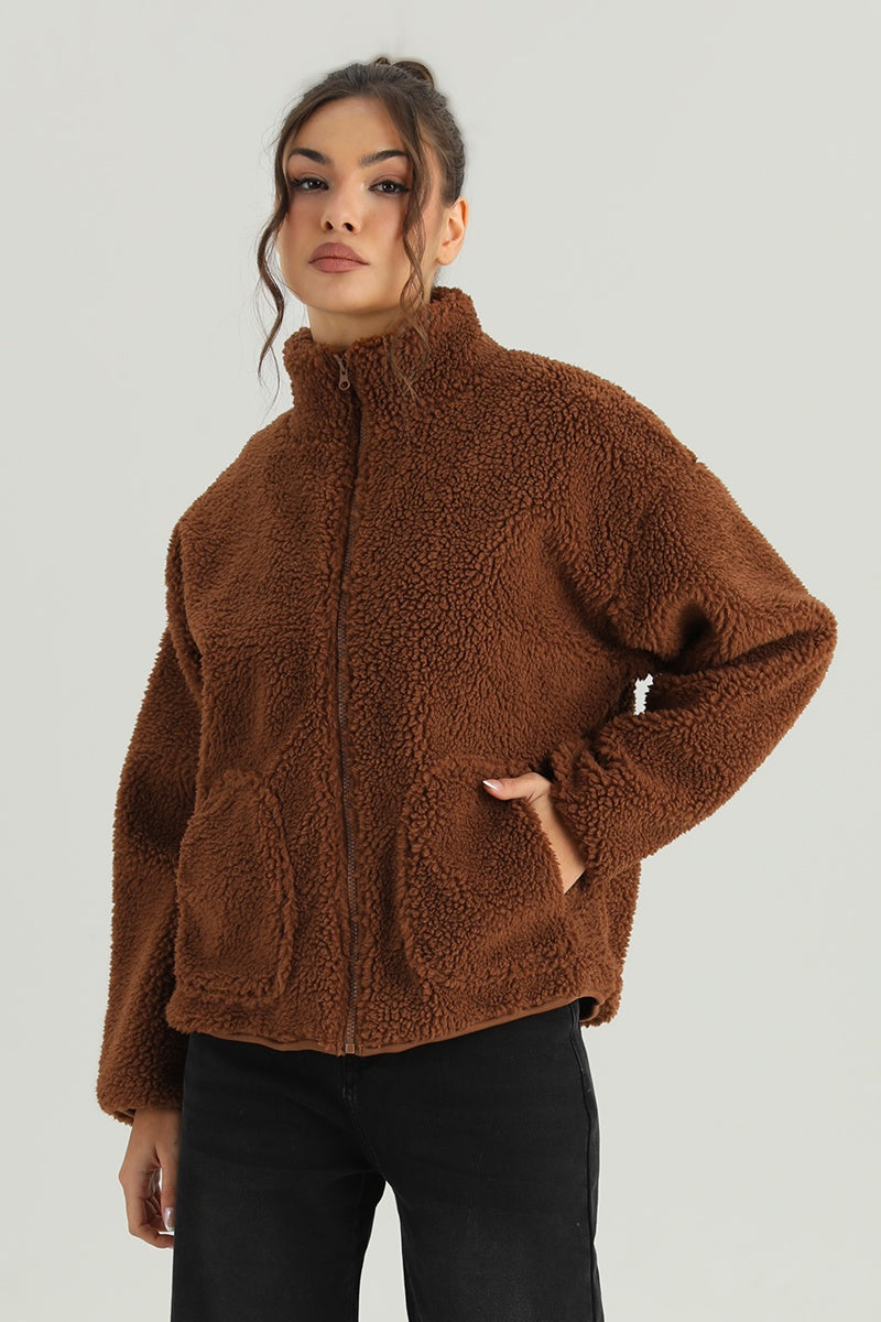 KATCH ME Womens Mock Neck Zipper Fluffy Fleece Coat