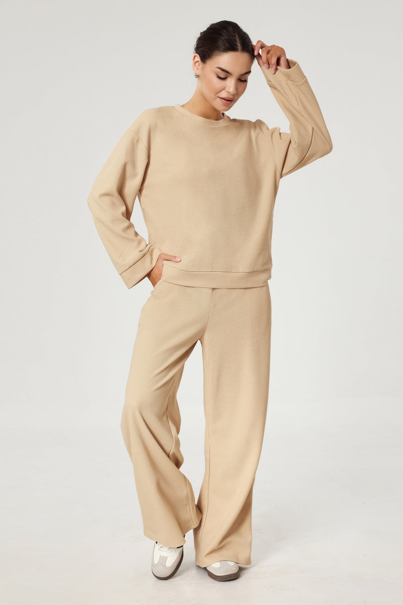 KATCH ME Womens Round Neck Textured Long Sleeve Pants Set