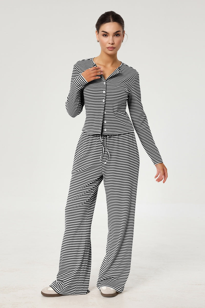 KATCH ME Womens Stripe Button Up Long Sleeve Pants Set