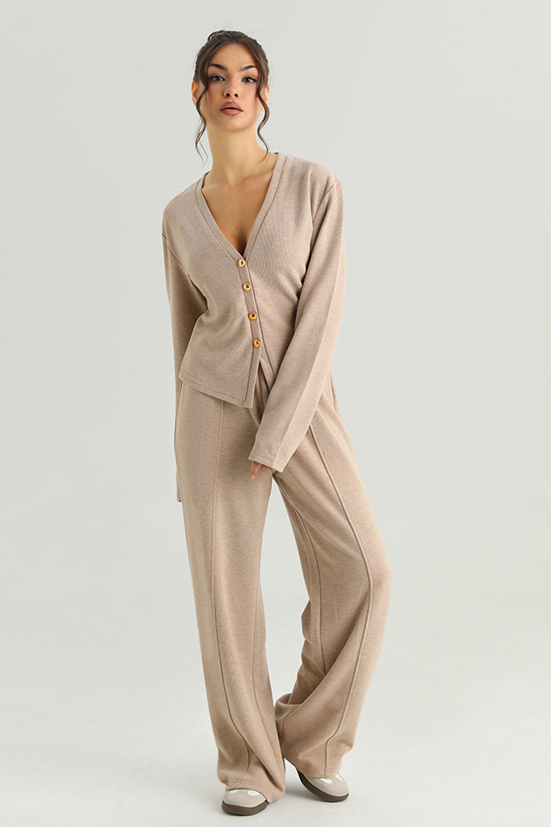 KATCH ME Womens V Neck Button Long Sleeve Pants Set