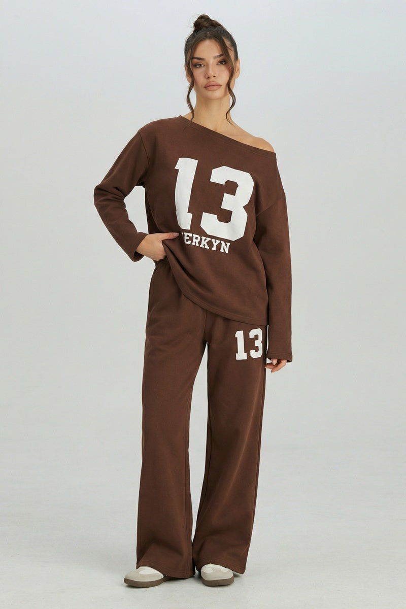 KATCH ME Womens Sloping Shoulder Letter Print Pants Set