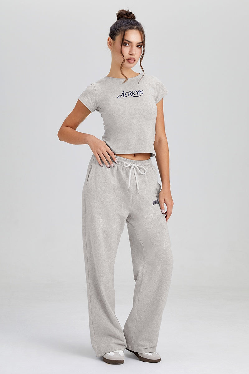 KATCH ME Womens Letter Print Crop Top Wide Leg Pants Set