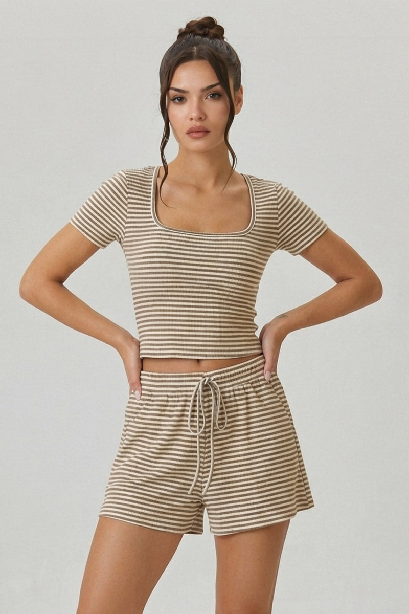 KATCH ME Womens Stripe Square Neck Crop Top and Shorts Set