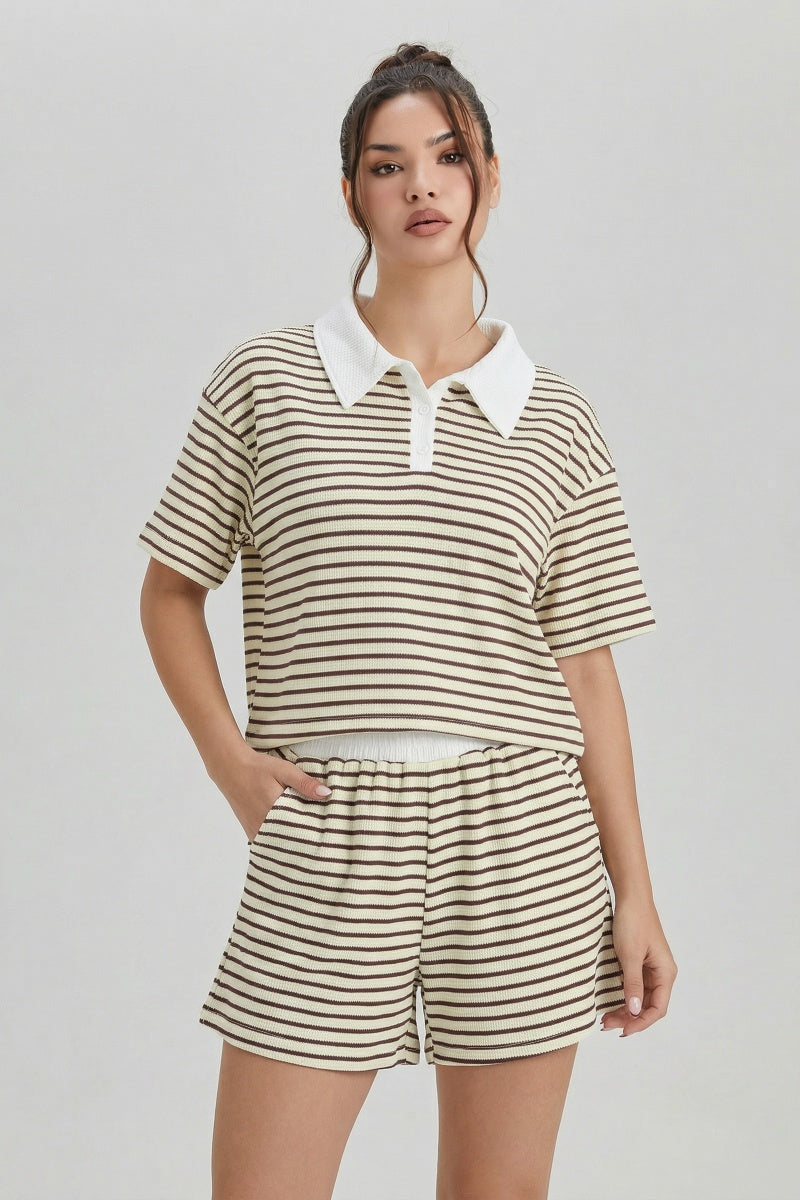 KATCH ME Womens Stripe Button Short Sleeve Top and Shorts Set