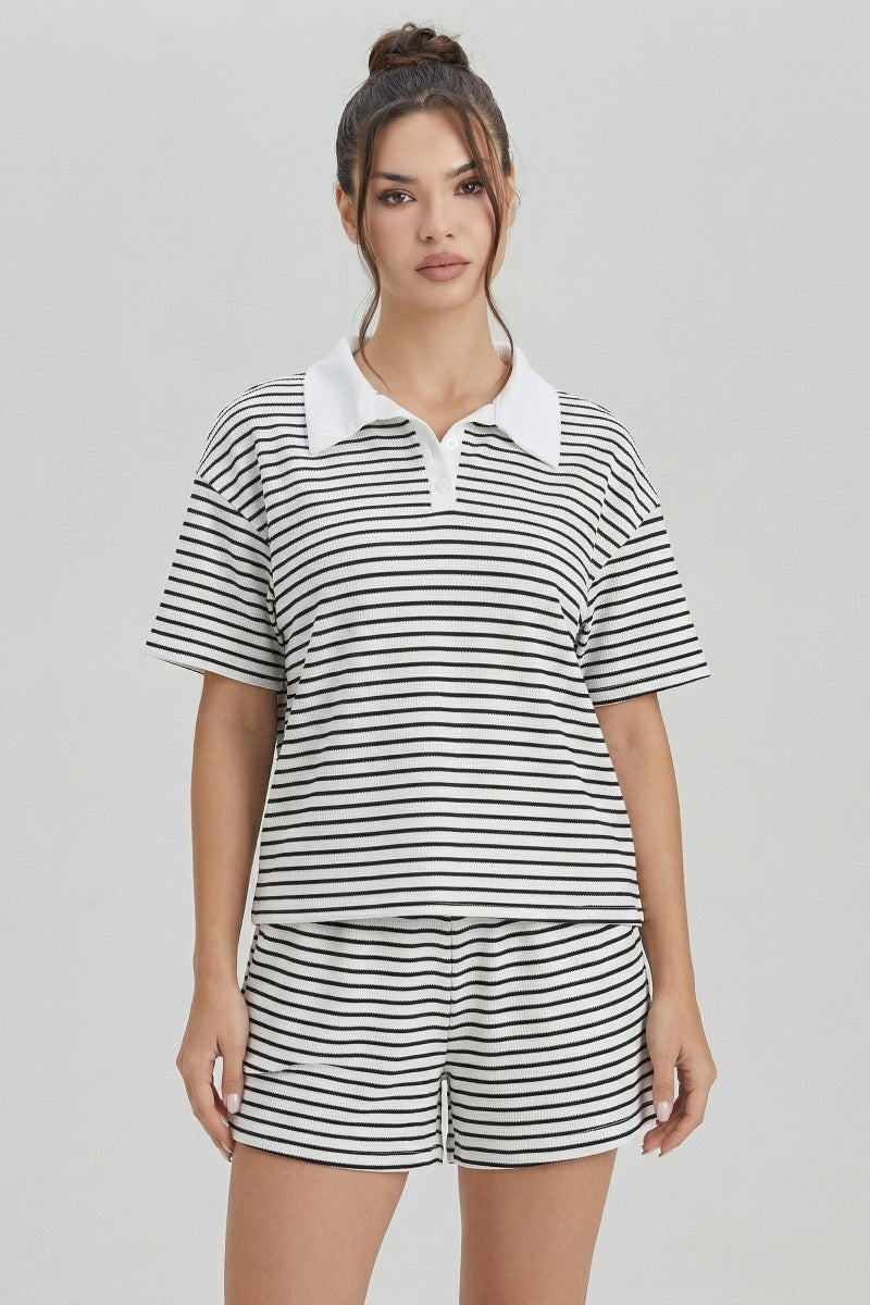 KATCH ME Womens Stripe Button Short Sleeve Top and Shorts Set