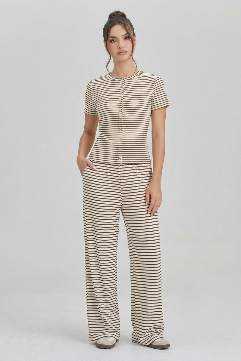 KATCH ME Womens Stripe Short Sleeve Top Wide Leg Pants Set