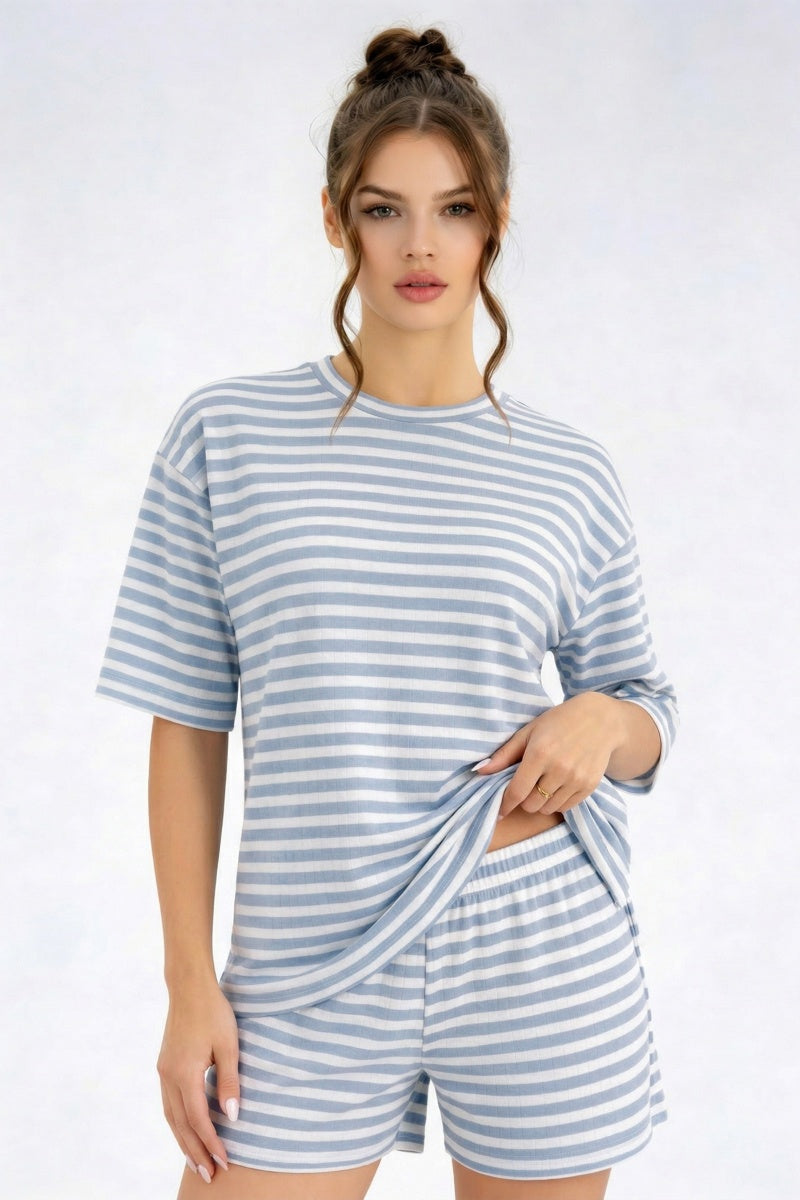 KATCH ME Womens Stripe Short Sleeve Top and Shorts Set